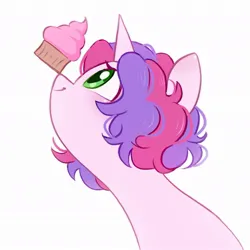 Size: 992x993 | Tagged: safe, artist:melodylibris, derpibooru import, oc, oc:melody (melodylibris), unofficial characters only, pony, unicorn, balancing, bust, cupcake, female, food, horn, image, jpeg, mare, ponies balancing stuff on their nose, profile, side view, simple background, smiling, solo, unicorn oc, white background