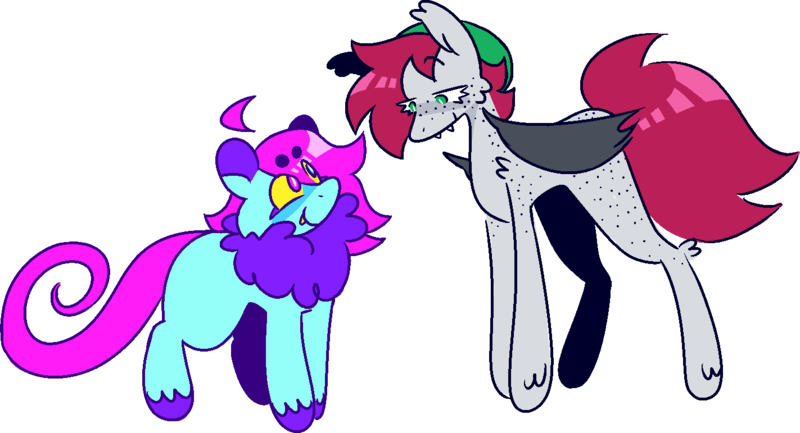 Size: 1423x771 | Tagged: safe, artist:kenny, derpibooru import, oc, oc:jade, unofficial characters only, bat pony, earth pony, pony, bat pony oc, bat wings, beanie, duo, earth pony oc, hat, image, png, ponysona, simple background, white background, wings