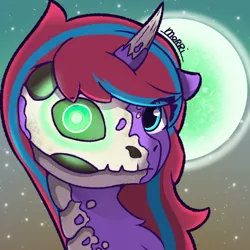 Size: 500x500 | Tagged: safe, artist:morrigun, derpibooru import, oc, unofficial characters only, pony, skeleton pony, unicorn, bone, bust, eyes open, femal, female, halloween, halloween 2023, holiday, image, mare, night, png, profile picture, signature, skeleton, solo