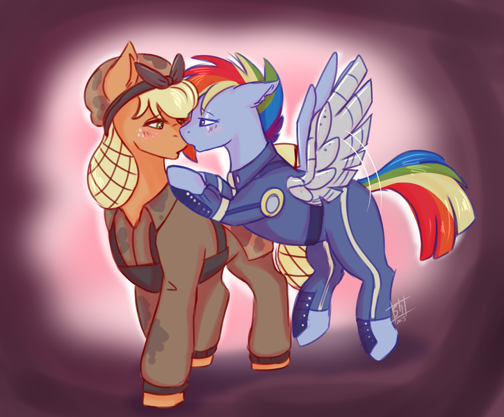 Size: 3092x2560 | Tagged: safe, artist:shamy-crist, derpibooru import, applejack, rainbow dash, pony, alternate hairstyle, alternate timeline, apocalypse dash, applecalypsejack, appledash, crystal war timeline, female, g4, image, kissing, lesbian, png, shipping