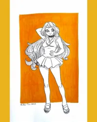 Size: 1080x1350 | Tagged: safe, artist:brother-tico, derpibooru import, sunset shimmer, human, arm behind head, clothes, dress, female, hand on hip, huevember, humanized, image, jpeg, open-toed shoes, sandals, solo