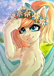Size: 2728x3819 | Tagged: safe, artist:hakaina, derpibooru import, oc, oc:sunshine drift, unofficial characters only, bat pony, pony, bat pony oc, bat wings, bow, chest fluff, fangs, female, floral head wreath, flower, flower in hair, hair bow, image, jpeg, mare, signature, smiling, solo, unshorn fetlocks, wings