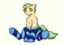 Size: 2985x2152 | Tagged: safe, artist:wrypony, derpibooru import, oc, oc:krinflow, unofficial characters only, earth pony, pony, blushing, clothes, cute, image, male, png, simple background, sitting, socks, solo, stallion