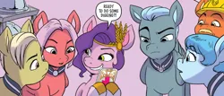 Size: 650x278 | Tagged: safe, artist:amy mebberson, derpibooru import, idw, pipp petals, unnamed character, unnamed pony, pegasus, pony, g5, spoiler:comic, spoiler:g5comic, spoiler:g5comic18, cornrows, cropped, ear piercing, earring, female, image, jewelry, male, mare, phone, piercing, png, stallion