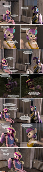 Size: 1440x5717 | Tagged: questionable, artist:spud, derpibooru import, fond feather, princess cadance, princess flurry heart, anthro, comic:caught, 3d, angry, argument, bed, breasts, comic, dialogue, female, image, jpeg, lesbian, looking at each other, looking at someone, mother and child, mother and daughter, nipples, not flurry heart, nudity, on bed, sad, shipping, shocked, shocked expression, sitting, sitting on bed, source filmmaker, speech bubble, surprised, talking, water