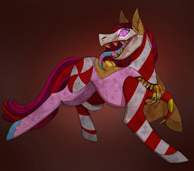 Size: 2048x1809 | Tagged: semi-grimdark, artist:cinnamonlemonn, derpibooru import, oc, oc:candymare, ponified, candy pony, food pony, ghoul, monster pony, original species, pony, undead, candy, creepypasta, food, halloween, holiday, image, jpeg, multiple mouths, nightmare night, solo, something sweet to bite, spooky, teeth