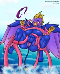 Size: 3128x3808 | Tagged: suggestive, artist:jackudoggy, derpibooru import, oc, oc:grace, unofficial characters only, gryphon, fanfic, abs, beach, big breasts, bikini, blushing, breasts, cameltoe, clothes, fanfic art, female, females only, griffon oc, image, muscles, muscular female, partial nudity, png, swimsuit, tentacles, topless, water, wet, wrapping