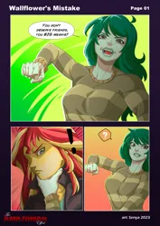 Size: 4133x5844 | Tagged: suggestive, artist:atariboy2600, artist:bluecarnationstudios, derpibooru import, sci-twi, sunset shimmer, twilight sparkle, wallflower blush, human, comic:the amazonian effect, comic:wallflower's mistake, equestria girls, clothes, comic, eyes closed, female, grin, image, jacket, muscles, open mouth, png, smiling, sunset lifter, unamused
