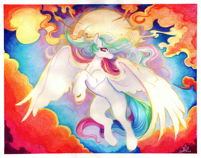 Size: 4029x3165 | Tagged: safe, artist:slimeprnicess, derpibooru import, princess celestia, alicorn, pony, cloud, colored pencil drawing, female, flying, high res, horn, image, mare, missing cutie mark, mixed media, png, solo, sun, traditional art, watercolor painting, wings