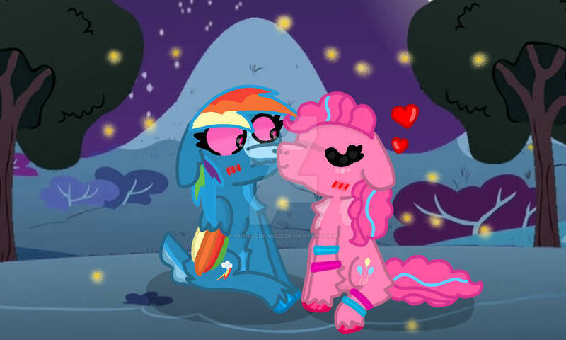 Size: 826x496 | Tagged: safe, artist:gumballfan222, derpibooru import, pinkie pie, rainbow dash, firefly (insect), insect, pony, female, image, jpeg, kissing, lesbian, night