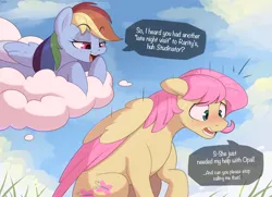 Size: 3875x2803 | Tagged: suggestive, artist:nookprint, derpibooru import, fluttershy, rainbow dash, rarity, pegasus, pony, all the mares tease butterscotch, blushing, butterscotch, cloud, dialogue, duo, emanata, eyebrows, eyebrows visible through hair, female, flarity, floppy ears, half r63 shipping, image, implied rarity, lesbian, male, on a cloud, open mouth, open smile, png, rariscotch, rule 63, shipping, smiling, speech bubble, straight, sweat, sweatdrops, teasing