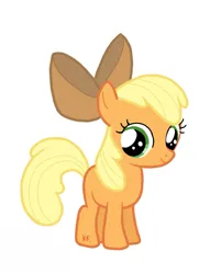 Size: 1027x1341 | Tagged: safe, artist:xinjinjumin219936282573, derpibooru import, applejack, pony, apple bloom's bow, bow, hair bow, image, jpeg, palette swap, recolor, solo, younger