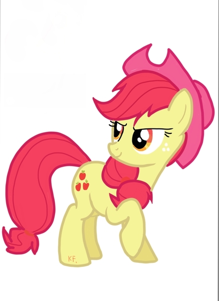 Size: 1049x1441 | Tagged: safe, artist:xinjinjumin219936282573, derpibooru import, apple bloom, pony, applejack's hat, cowboy hat, hat, image, jpeg, older, palette swap, raised hoof, recolor, solo