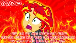 Size: 1600x900 | Tagged: safe, artist:evilasio, derpibooru import, sunset shimmer, equestria girls, equestria girls (movie), angry response, fire, hate art, image, message, opinion, png, rage, rant, response, sympathy for the devil, unpopular opinions