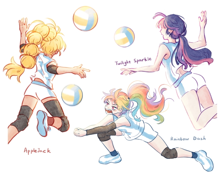 Size: 2560x2048 | Tagged: safe, artist:xiaojin315, derpibooru import, part of a set, applejack, rainbow dash, twilight sparkle, human, female, humanized, image, jpeg, sports, trio, volleyball