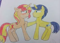 Size: 750x533 | Tagged: safe, artist:imtailsthefoxfan, derpibooru import, comet tail, sunset shimmer, pony, unicorn, cometshimmer, female, image, jpeg, male, mare, shipping, stallion, straight, traditional art