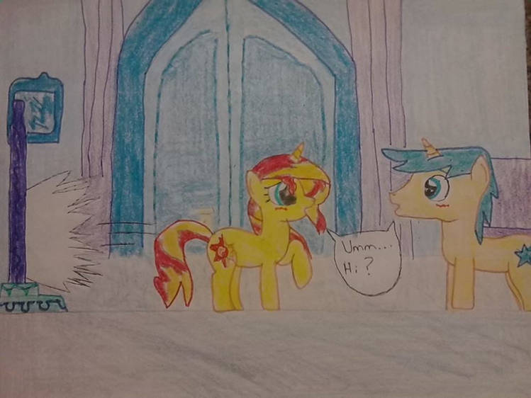 Size: 749x562 | Tagged: safe, artist:justaviewer94, derpibooru import, comet tail, sunset shimmer, pony, unicorn, cometshimmer, female, image, jpeg, male, mare, shipping, stallion, straight, traditional art