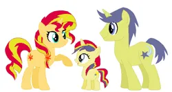 Size: 749x398 | Tagged: safe, artist:auridash-draws, derpibooru import, comet tail, sunset shimmer, oc, oc:solar star, pony, unicorn, cometshimmer, female, filly, foal, image, jpeg, male, mare, parents:cometshimmer, shipping, stallion, straight