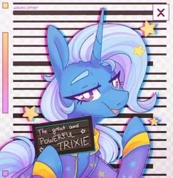 Size: 2418x2485 | Tagged: safe, artist:musicfirewind, derpibooru import, trixie, pony, unicorn, barbie mugshot meme, clothes, g4, high res, image, jpeg, looking at you, meme, mugshot, smug, solo