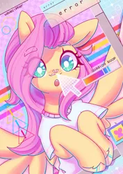 Size: 2480x3508 | Tagged: safe, artist:musicfirewind, derpibooru import, fluttershy, pegasus, pony, :o, boop, clothes, cursor, cute, g4, high res, image, jpeg, loading, open mouth, shyabetes, solo, vaporwave