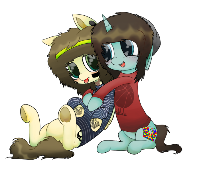 Size: 5500x4500 | Tagged: safe, artist:cactuscruncher, derpibooru import, ponified, pegasus, pony, unicorn, :p, absurd resolution, beanie, belly, blue coat, blue eyes, blushing, brown mane, christofer drew, clothes, cuddling, derpibooru exclusive, duo, duo male, ear piercing, emo, face paint, floppy ears, folded wings, friends, friendship, gauges, green eyes, hat, headband, hug, hug from behind, image, jordan witzigreuter, lidded eyes, lip piercing, looking at each other, looking at someone, lying down, male, messy mane, messy tail, on back, one ear up, open mouth, open smile, piercing, png, shiny eyes, shirt, short tail, simple background, sitting, smiling, spider bites, stallion, striped shirt, sweatband, sweater, tail, tattoo, tongue out, transparent background, underhoof, wings, yellow coat