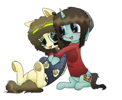 Size: 5500x4500 | Tagged: safe, artist:cactuscruncher, derpibooru import, ponified, pegasus, pony, unicorn, :p, absurd resolution, beanie, belly, blue coat, blue eyes, blushing, brown mane, christofer drew, clothes, cuddling, derpibooru exclusive, duo, duo male, ear piercing, emo, face paint, floppy ears, folded wings, friends, friendship, gauges, green eyes, hat, headband, hug, hug from behind, image, jordan witzigreuter, lidded eyes, lip piercing, looking at each other, looking at someone, lying down, male, messy mane, messy tail, on back, one ear up, open mouth, open smile, piercing, png, shiny eyes, shirt, short tail, simple background, sitting, smiling, spider bites, stallion, striped shirt, sweatband, sweater, tail, tattoo, tongue out, transparent background, underhoof, wings, yellow coat