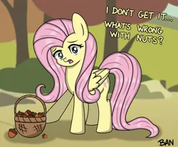 Size: 1642x1360 | Tagged: safe, artist:banquo0, derpibooru import, fluttershy, pegasus, pony, acorn, female, folded wings, image, mare, misunderstanding, no nut november, open mouth, png, solo, text, wings