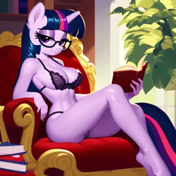 Size: 4096x4096 | Tagged: suggestive, derpibooru import, machine learning generated, twilight sparkle, anthro, unicorn, ai content, armchair, beautiful, bedroom eyes, belly button, book, chair, clothes, female, g4, glasses, image, jpeg, lingerie, looking at you, no cutie marks because im lazy, prompter:artificial igloo, reading glasses, show accurate, show accurate porn, sitting, smiling, smiling at you, solo, solo female, underwear