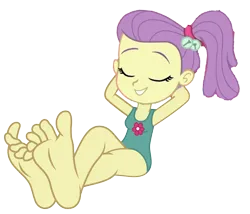 Size: 4755x4069 | Tagged: safe, derpibooru import, edit, lily pad (equestria girls), human, equestria girls, arm behind back, arm behind head, child, clothes, cute, feet, foot kink, humanized, image, lily pad (g4), png, relaxing, simple background, solo, swimsuit, transparent background, wiggling toes