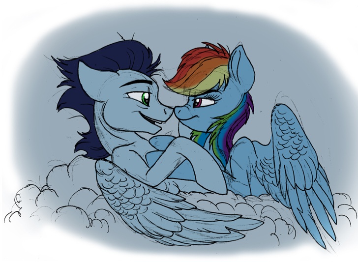 Size: 728x533 | Tagged: safe, artist:celestial-rainstorm, derpibooru import, rainbow dash, soarin', pegasus, pony, cloud, female, image, jpeg, male, mare, shipping, soarindash, stallion, straight