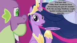 Size: 1280x720 | Tagged: safe, derpibooru import, edit, edited screencap, editor:korora, screencap, princess twilight 2.0, spike, twilight sparkle, twilight sparkle (alicorn), alicorn, the last problem, dialogue, gigachad spike, image, implied attempted murder, implied bonniecorn, implied burglary, implied filthy rich, implied maud pie, implied mudbriar, implied spoiled rich, jewelry, offscreen character, older, older spike, older twilight, older twilight sparkle (alicorn), peytral, png, speech bubble, tiara