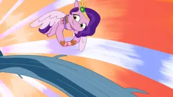 Size: 3072x1727 | Tagged: safe, derpibooru import, screencap, pipp petals, pegasus, pony, g5, my little pony: tell your tale, spoiler:g5, spoiler:my little pony: tell your tale, spoiler:tyts01e64, female, flying, image, jpeg, male, mare, messy mane, rufus, smiling, solo, spread wings, stallion, very bad hair day, wings