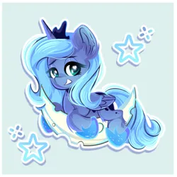 Size: 1284x1284 | Tagged: safe, artist:_fairy_g_pony, artist:jollyt, derpibooru import, princess luna, alicorn, pony, chibi, crescent moon, ear fluff, eyebrows, eyebrows visible through hair, female, filly, g4, grin, image, lidded eyes, looking at you, moon, my little pony, png, smiling, solo, stars, tangible heavenly object, woona, younger