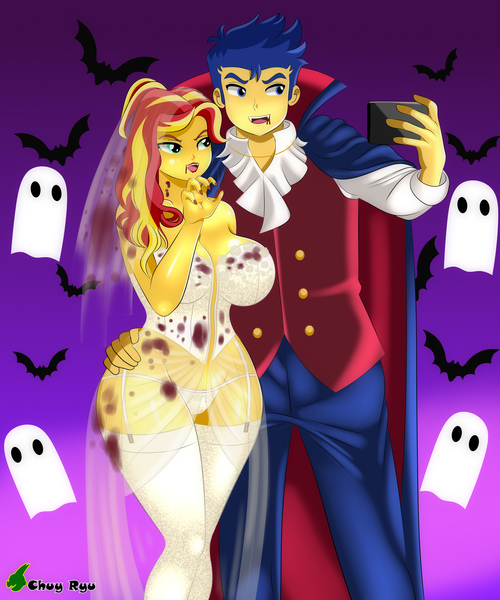 Size: 2500x3000 | Tagged: suggestive, artist:chuyryu, derpibooru import, flash sentry, sunset shimmer, bat, ghost, undead, vampire, equestria girls, big breasts, breasts, bride, busty sunset shimmer, cleavage, clothes, commission, costume, decoration, dracula, fake blood, fangs, female, flashimmer, halloween, halloween costume, hips, holding, holiday, image, jpeg, male, mobile phone, open mouth, painted nails, phone, pose, selfie, sexy, shipping, smartphone, straight, thighs, touch