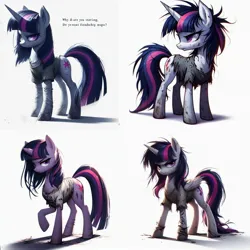 Size: 1920x1920 | Tagged: safe, derpibooru import, machine learning generated, twilight sparkle, twilight sparkle (alicorn), alicorn, pony, ai content, clothes, collage, cute, detailed, digital art, female, g4, generator:bing image creator, generator:dall-e 3, homeless, image, jpeg, looking at you, mane, mare, quality, scope, simple background, solo, text, white background