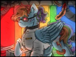Size: 1280x960 | Tagged: semi-grimdark, artist:binibean, derpibooru import, rainbow dash, pegasus, pony, fanfic:rainbow factory, blood, clothes, fanfic art, feather, female, goggles, image, implied death, implied scootaloo, lab coat, mare, name tag, png, solo