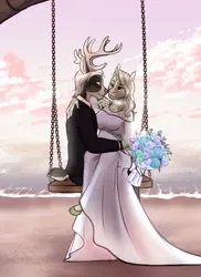 Size: 2160x2960 | Tagged: safe, artist:blackblood-queen, derpibooru import, oc, oc:caine, oc:fern evergreen, unofficial characters only, anthro, deer, unguligrade anthro, unicorn, anthro oc, beach, bouquet, bouquet of flowers, cainergreen, clothes, cloud, commission, couple, deer oc, digital art, dress, female, flower, happy, horn, husband and wife, image, interspecies, jewelry, male, married, married couple, necklace, newlywed, non-pony oc, oc x oc, png, shipping, smiling, straight, suit, swing, unicorn oc, wedding dress