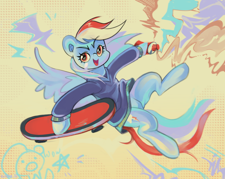Size: 8103x6457 | Tagged: safe, artist:krista-21, derpibooru import, rainbow dash, pegasus, 20% cooler, :o, >:d, abstract background, clothes, emanata, female, full body, graffiti, hoodie, image, open mouth, paint, pastel, pattern, png, skateboard, solo, spread wings, wings