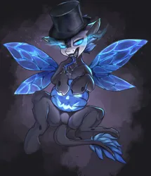 Size: 1550x1800 | Tagged: safe, artist:kirby_orange, derpibooru import, oc, oc:change, changeling, insect, belly, blue mane, blue tail, drool, fangs, glow, glowing belly, glowing eyes, glowing wings, gradient background, gray background, halloween, hat, holiday, image, insect wings, jpeg, lidded eyes, long tongue, looking at you, makeup, male, pumpkin, raised hoof, raised hooves, sharp teeth, simple background, smiling, solo, solo focus, spread legs, spreading, tail, teeth, tongue out, wings
