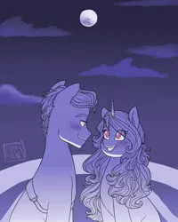 Size: 960x1200 | Tagged: safe, artist:twillow, derpibooru import, hitch trailblazer, izzy moonbow, earth pony, unicorn, g5, balcony, blushing, female, image, izzyhitch, jpeg, looking at each other, looking at someone, male, monochrome, moon, shipping, signature, smiling, straight