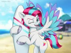Size: 2556x1892 | Tagged: safe, artist:vinilyart, derpibooru import, zipp storm, pegasus, pony, g5, my little pony: tell your tale, spoiler:g5, spoiler:my little pony: tell your tale, spoiler:tyts01e57, alternate hairstyle, beach, beach ball, bipedal, colored wings, high res, hot day huh?, image, jewelry, jpeg, leg hold, one eye closed, pendant, smiling, solo, spread wings, surfboard, unshorn fetlocks, wet, wet mane, wings, wink