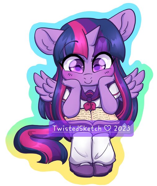 Size: 1731x2048 | Tagged: safe, artist:twisted-sketch, derpibooru import, twilight sparkle, twilight sparkle (alicorn), alicorn, anthro, plantigrade anthro, pony, book, cute, eyebrows, eyebrows visible through hair, female, image, jpeg, mare, outline, reading, simple background, smiling, solo, twiabetes, white background