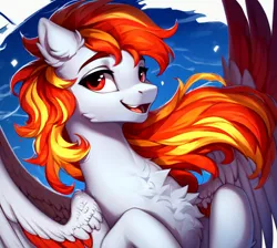 Size: 950x851 | Tagged: safe, derpibooru import, machine learning generated, oc, oc:fiery lightning, pegasus, pony, ai content, cheek fluff, chest fluff, ear fluff, image, png, solo, sternocleidomastoid, wings