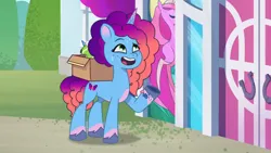 Size: 3072x1727 | Tagged: safe, derpibooru import, screencap, pony, unicorn, g5, my little pony: tell your tale, spoiler:g5, spoiler:my little pony: tell your tale, spoiler:tyts01e65, crystal brighthouse, eyebrows, female, image, jpeg, mare, misty brightdawn, misty moves in, open mouth, open smile, raised eyebrow, rebirth misty, smiling, solo, sweat, sweatdrop