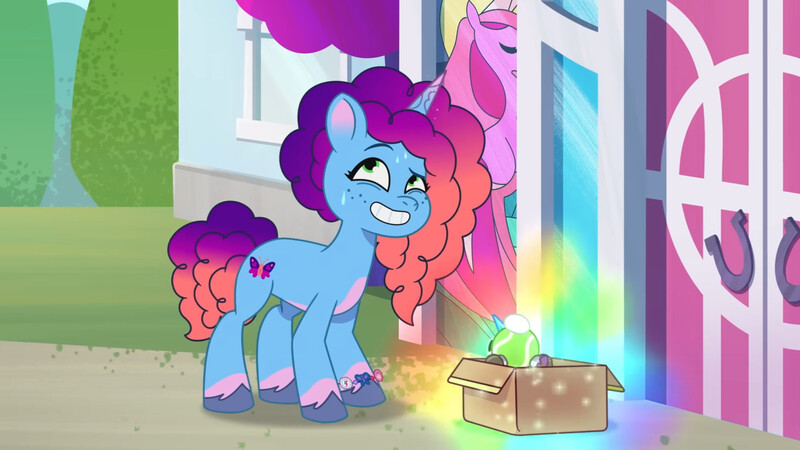 Size: 3072x1727 | Tagged: safe, derpibooru import, screencap, pony, unicorn, g5, my little pony: tell your tale, spoiler:g5, spoiler:my little pony: tell your tale, spoiler:tyts01e65, crystal brighthouse, eyebrows, female, grin, image, jpeg, magic, mare, misty brightdawn, misty moves in, raised eyebrow, rebirth misty, smiling, solo, sweat, sweatdrop, telekinesis