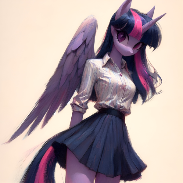 Size: 2048x2048 | Tagged: safe, ai content, derpibooru import, machine learning generated, prompter:krivovyaz, twilight sparkle, twilight sparkle (alicorn), alicorn, anthro, g4, clothes, female, generator:bing image creator, high res, image, png, shirt, skirt, solo