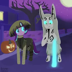 Size: 2048x2048 | Tagged: safe, artist:barhandar, starlight glimmer, oc, oc:swift apex, pegasus, pony, unicorn, beard, bodypaint, canon x oc, casting a spell, clothes, cosplay, costume, duo, eliatrope, facial hair, female, glimmex, glowing eyes, glowing leg, grin, image, lineless, looking at someone, male, mare, moon, nightmare night, nox, noximilien, png, pumpkin, pumpkirin, qilby, quilby, signature, smiling, stallion, wakfu, xelor