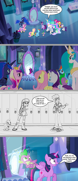 Size: 1200x2775 | Tagged: safe, artist:silverbuller, derpibooru import, edit, edited screencap, screencap, applejack, flash sentry, fluttershy, pinkie pie, princess cadance, princess celestia, princess luna, rainbow dash, rarity, spike, twilight sparkle, dog, equestria girls, equestria girls (movie), a-ha, comic, image, jpeg, mane six, screencap comic, spike the dog, take on me