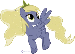 Size: 5548x4000 | Tagged: safe, artist:parclytaxel, derpibooru import, oc, oc:champagne galaxy, pegasus, pony, .svg available, absurd resolution, alcohol, champagne, commission, crown, derp, female, flying, fusion, fusion:derpy hooves, fusion:princess luna, image, jewelry, mare, png, regalia, simple background, smiling, solo, transparent background, vector, wine