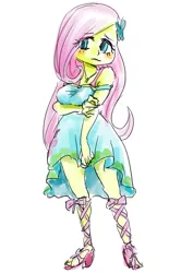 Size: 1285x1815 | Tagged: safe, artist:cocomorinewoo, derpibooru import, fluttershy, human, equestria girls, blushing, breasts, busty fluttershy, eye clipping through hair, female, holding arms, image, jpeg, simple background, solo, white background